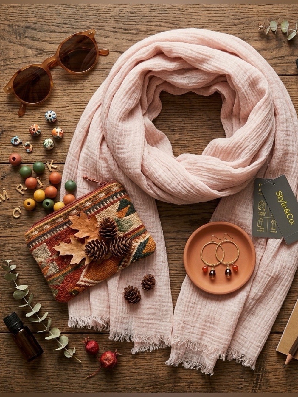 NWT Style & Co Blush Pink Linen Look Scarf Wrap | Lightweight Fringe Summer Shaw